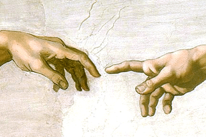 Pintura de dos manos que casi se tocan por los dedos índices, representa a Dios creador dando vida a Adán