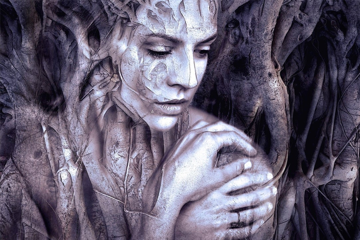 busto de mujer entrelazado con raíces en un solo tono de color, representa la ética del cuerpo