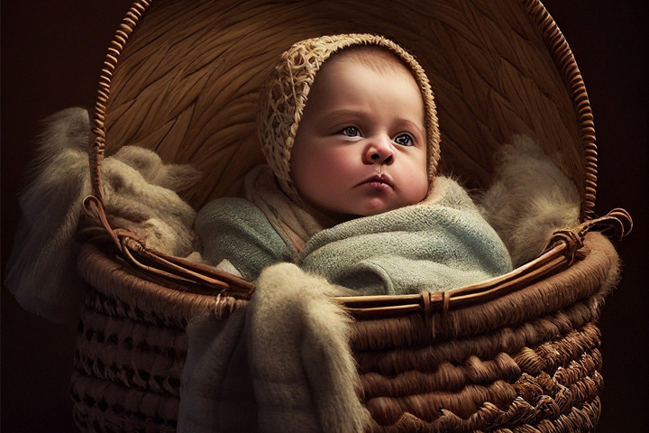 12 mujeres Moisés Biblia teología feminista niño pequeño con vestimenta antigua en el interior de una cesta tejida con vestimenta antigua