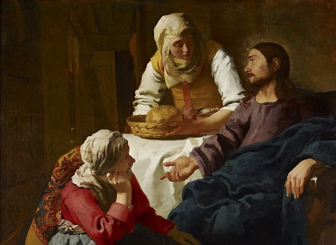 Cuadreo clásico del pintor Johannes Vermeer que muestra a Jesús con María y Marta de Betania