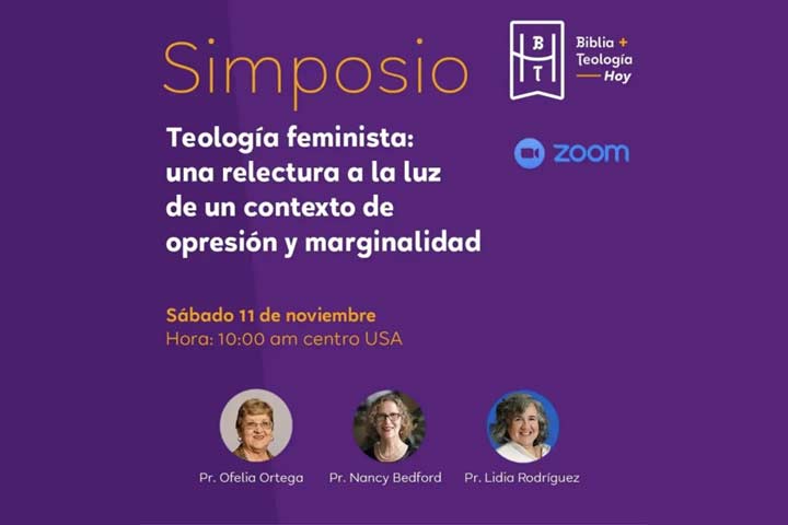 Convocatoria al simposio de teología feminista en América Latina, se muestra una imagen de los ponentes