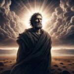 Libro de Job, se muestra el personaje de Job, en paisaje desolado entre nubes de rayos con mirada firme de esperanza y fe, representación artística con IA.