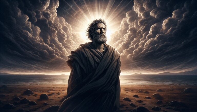 Libro de Job, se muestra el personaje de Job, en paisaje desolado entre nubes de rayos con mirada firme de esperanza y fe, representación artística con IA.