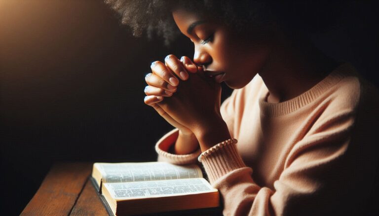 discipulado cristiano de una mujer de la raza negra que ora cruzando sus manos sobre la biblia