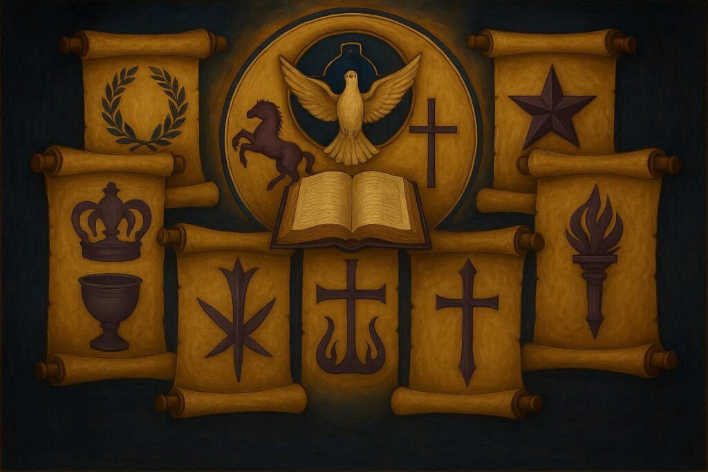 Ilustración de las siete cartas del Apocalipsis bajo perspectiva presbiteriana, siete pergaminos con símbolos bíblicos y doctrinales, fondo artístico