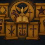 Ilustración de las siete cartas del Apocalipsis bajo perspectiva presbiteriana, siete pergaminos con símbolos bíblicos y doctrinales, fondo artístico